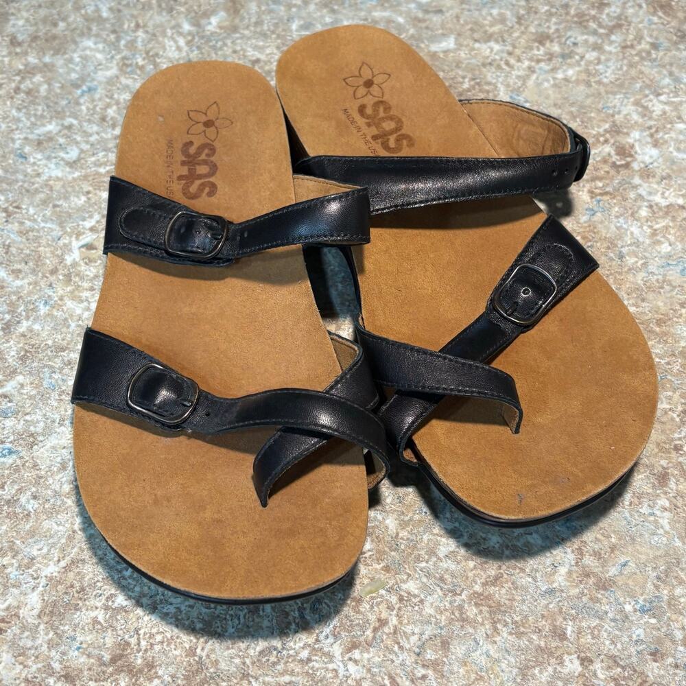 SAS Shelly Brown & Black Toe Loop Leather Sandal Slides Shoes Size 8 Wide - Picture 5 of 11